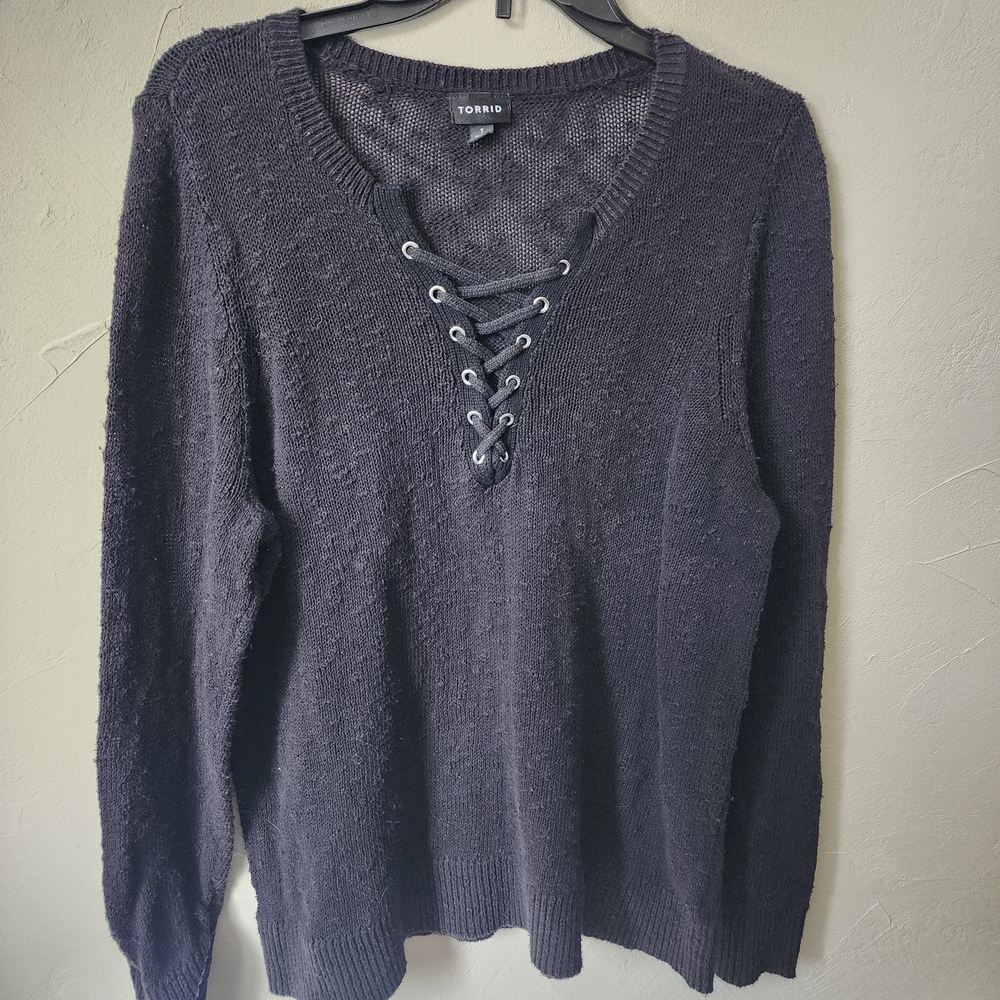 Torrid Charcoal Lace-Up V-Neck Sweater
